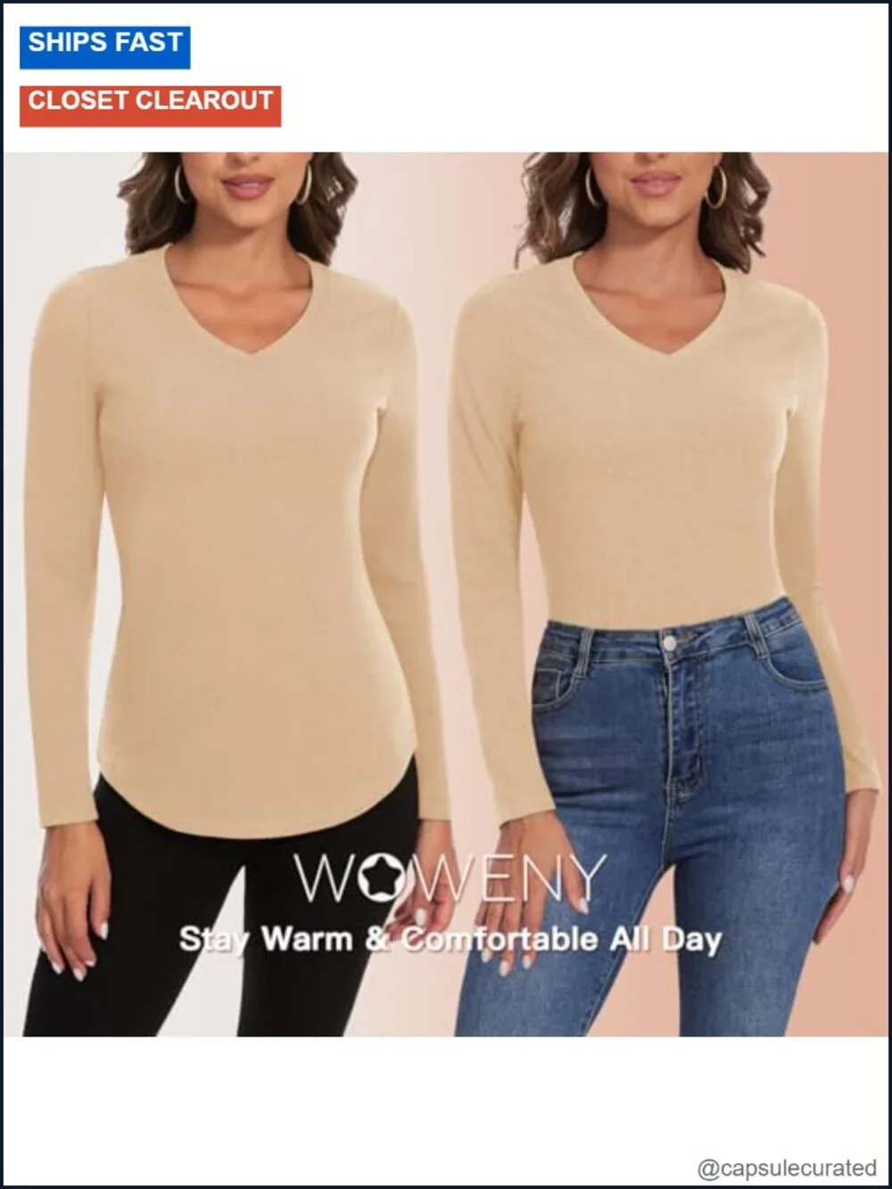 V Neck Fleece Lined Thermal Long Sleeve Base Layer Top for Women Cold Weather